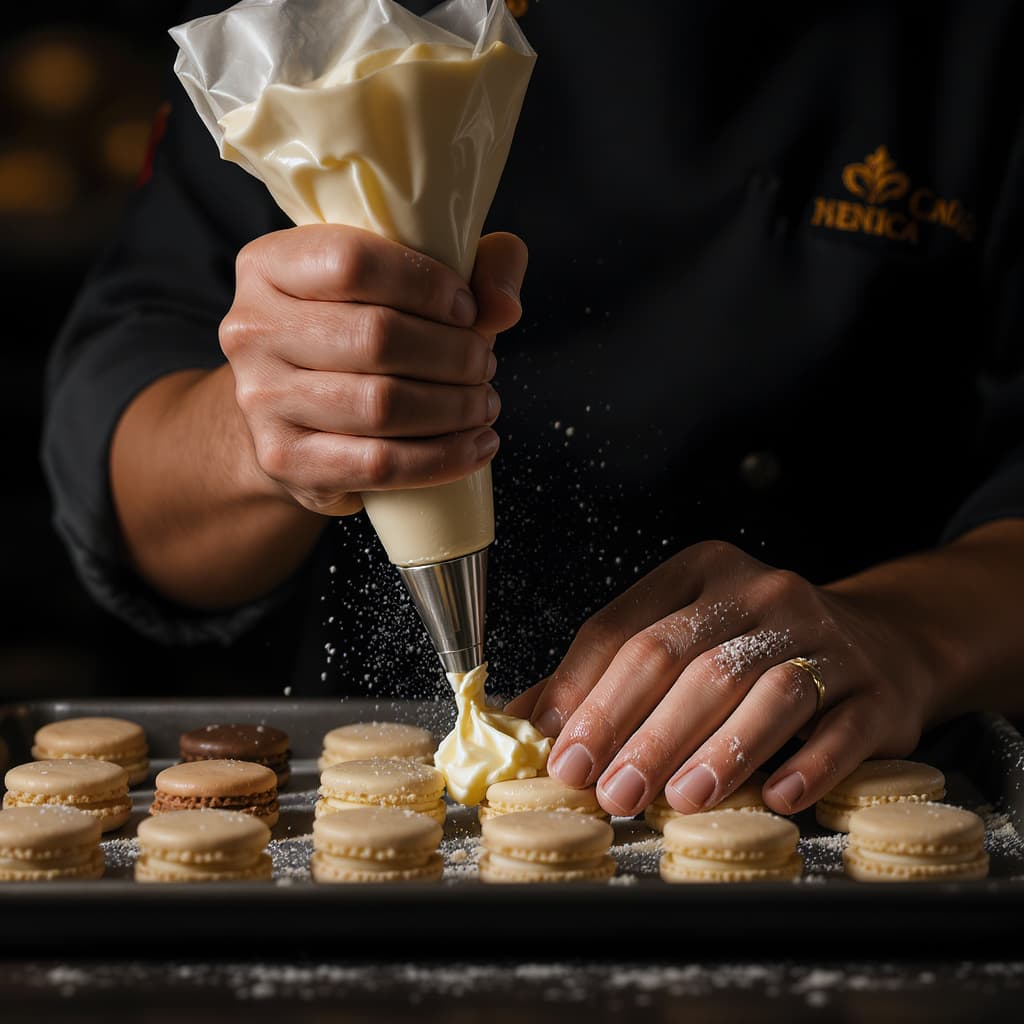 Dłonie cukiernika wyciskające chantilly na makarony
